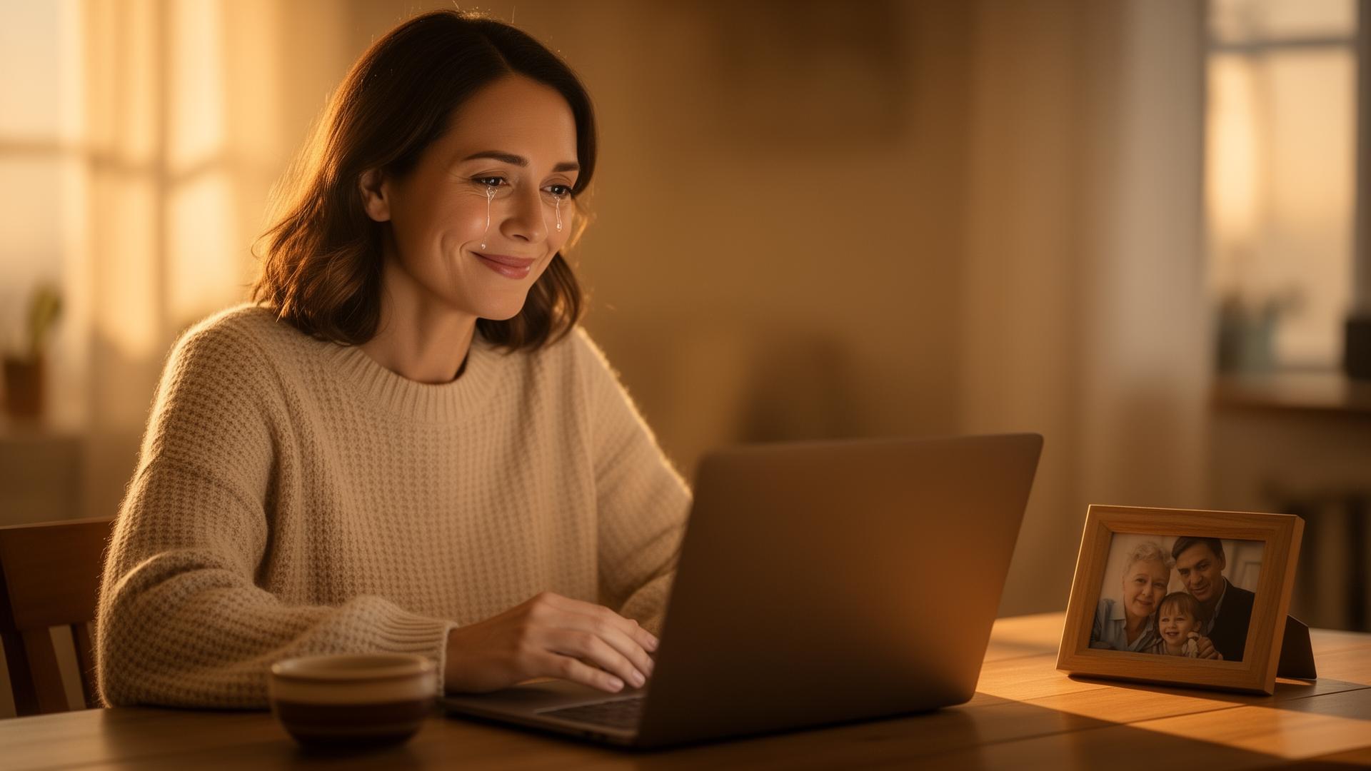 An adult daughter at a sunlit desk, smiling with tears in her eyes while looking at a softly glowing laptop.